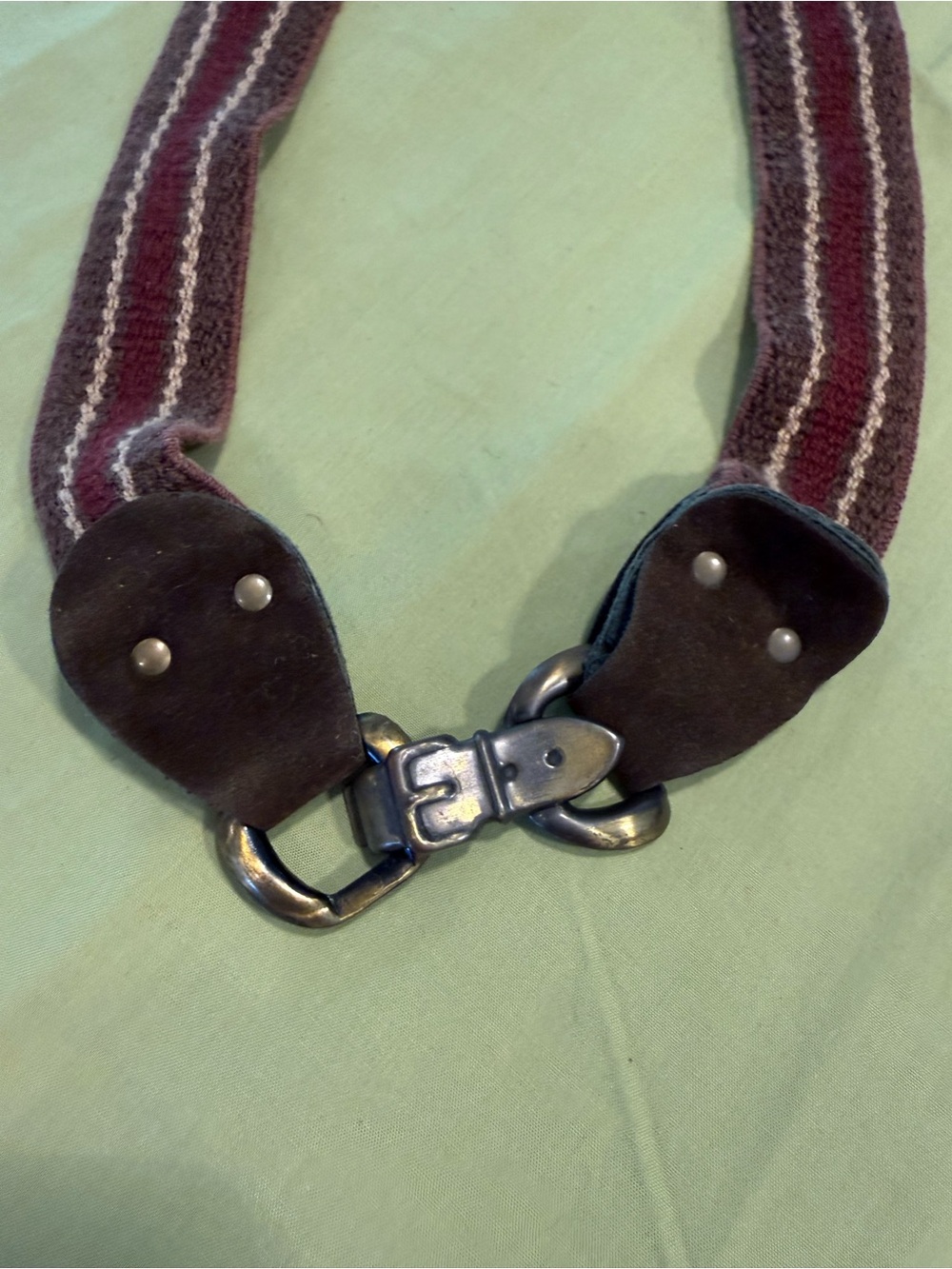 Preppy burgundy cream striped stretch belt suede ends metal toggle clasp